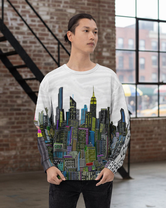 Person wearing a sweater with a cityscape Loria NYC Art design on a urban  background
