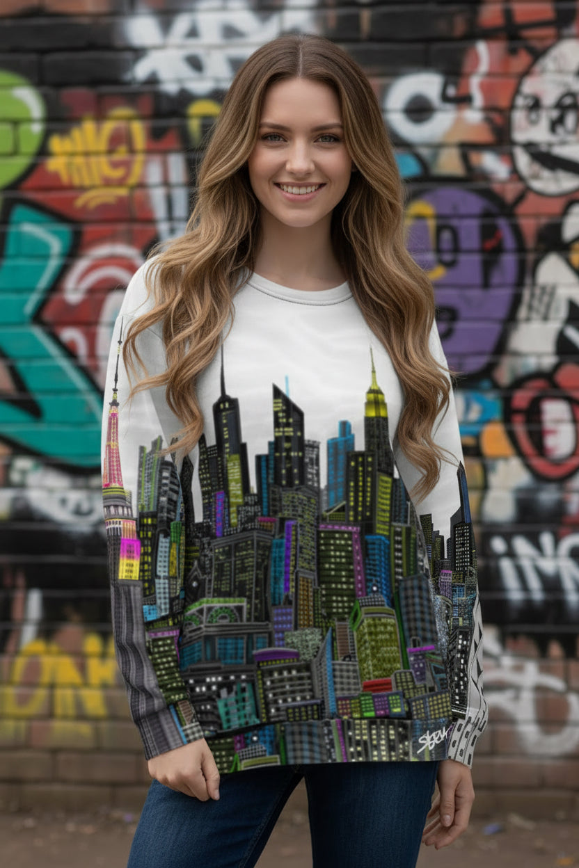 Person wearing a colorful cityscape sweatshirt designed by Loria NYC Art with brick background
