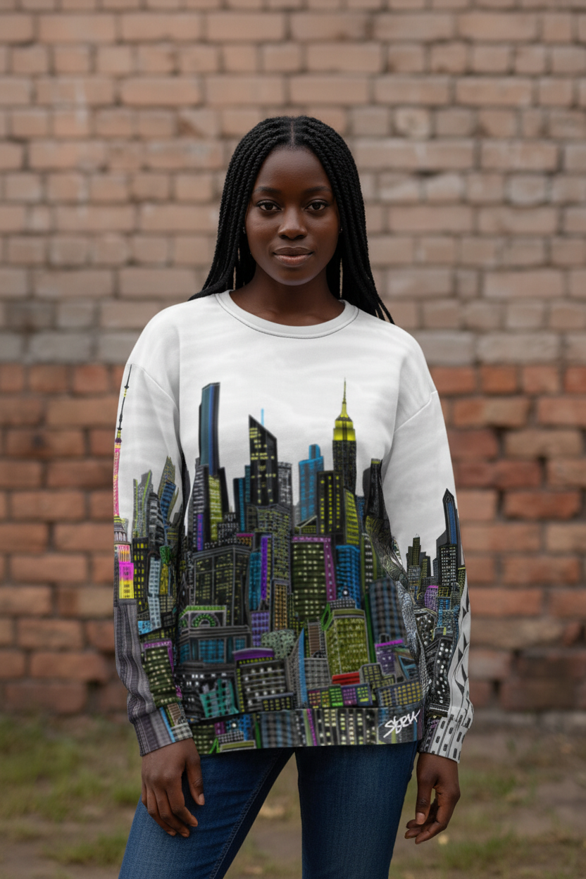Person wearing a sweater with a cityscape Loria NYC Art design in front of a brick wall.