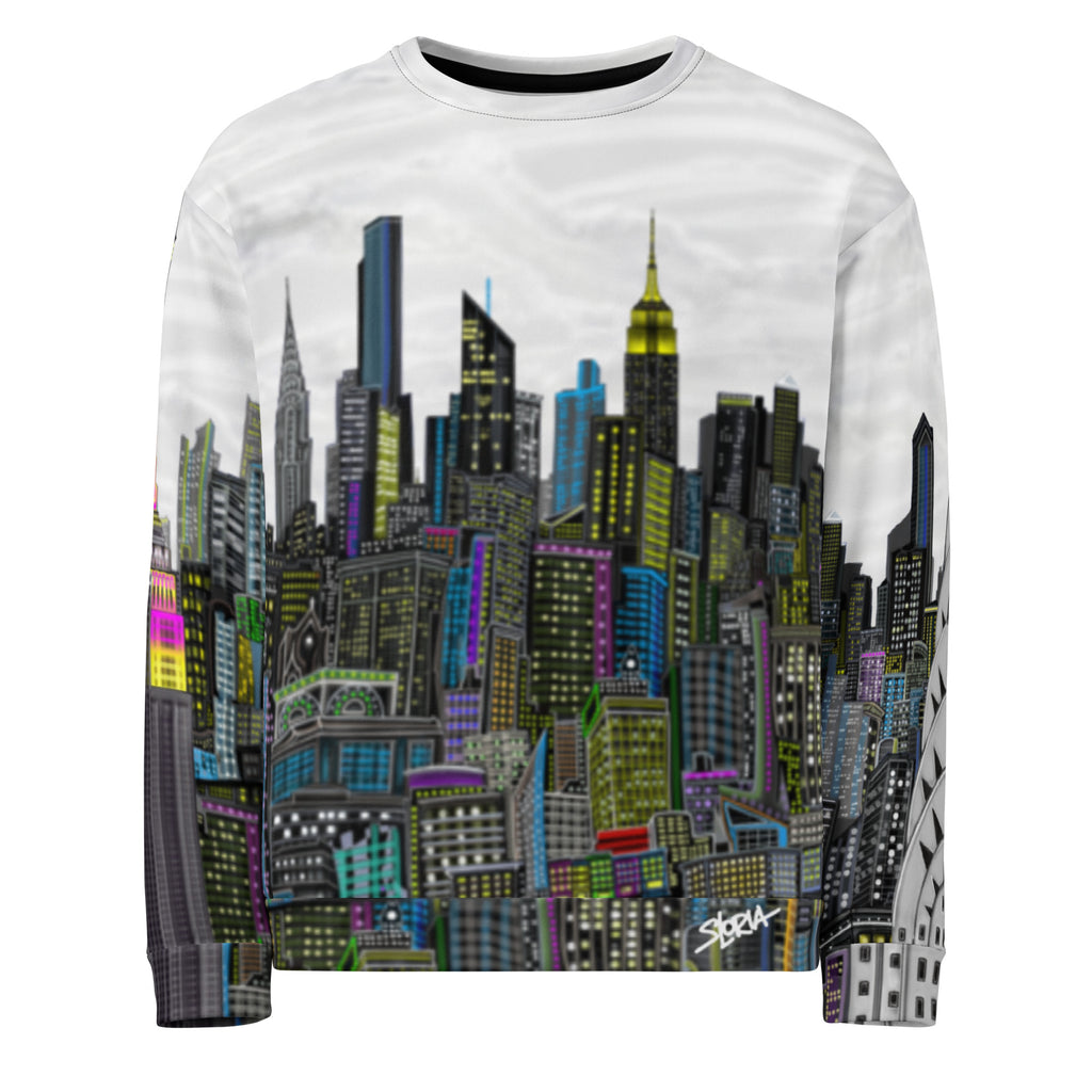 Front of Sweatshirt with cityscape design by Loria NYC Art on a white background