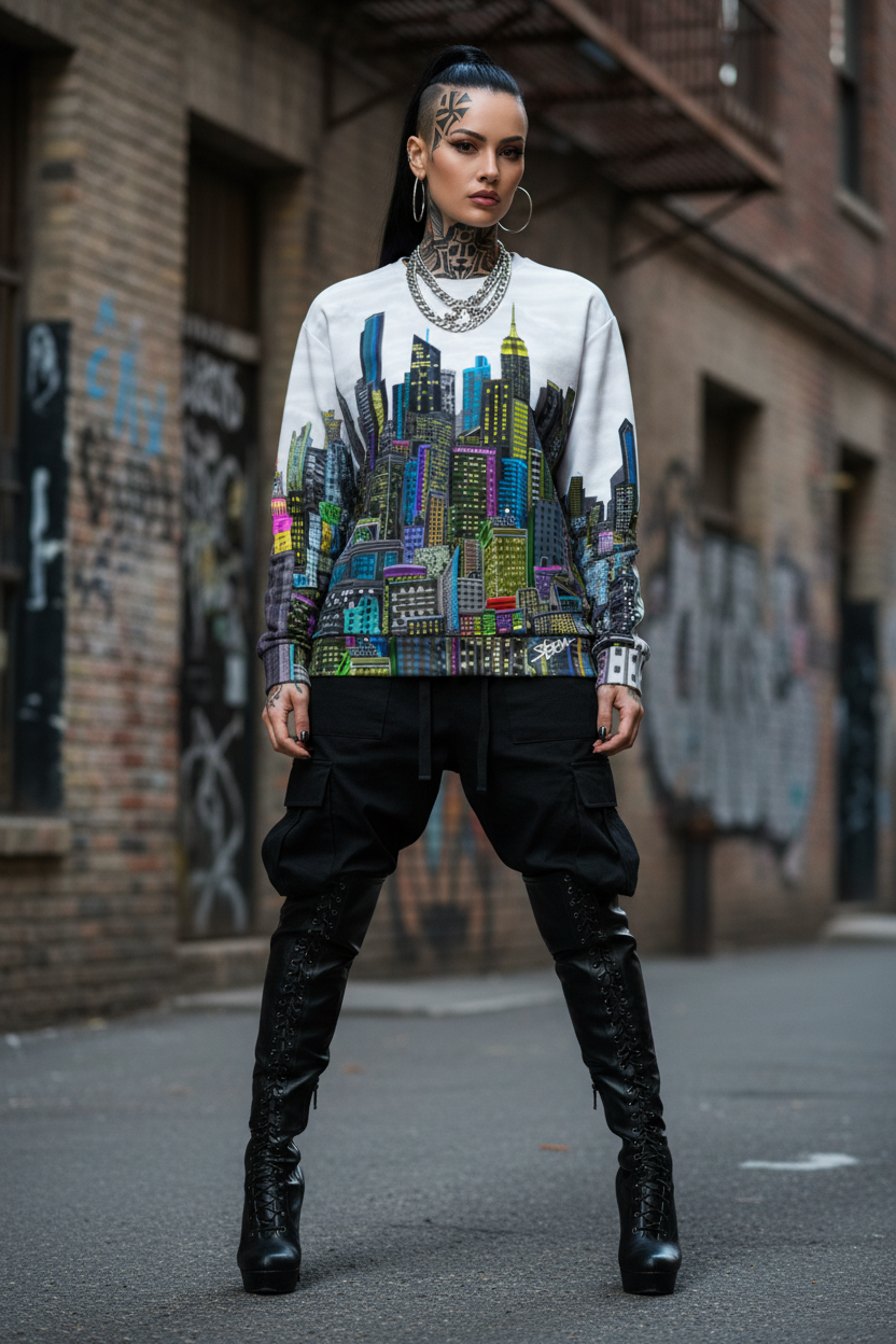 Person wearing a colorful Loria NYC Art cityscape sweater in an urban setting with graffiti.
