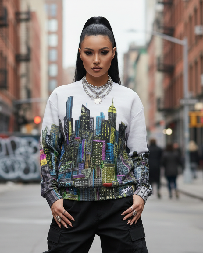 Person wearing a colorful Loria NYC Art cityscape sweatshirt on a city street