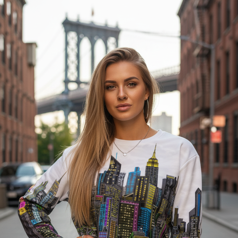Woman wearing a sweatshirt with a cityscape Loria NYC Art  design in an urban setting