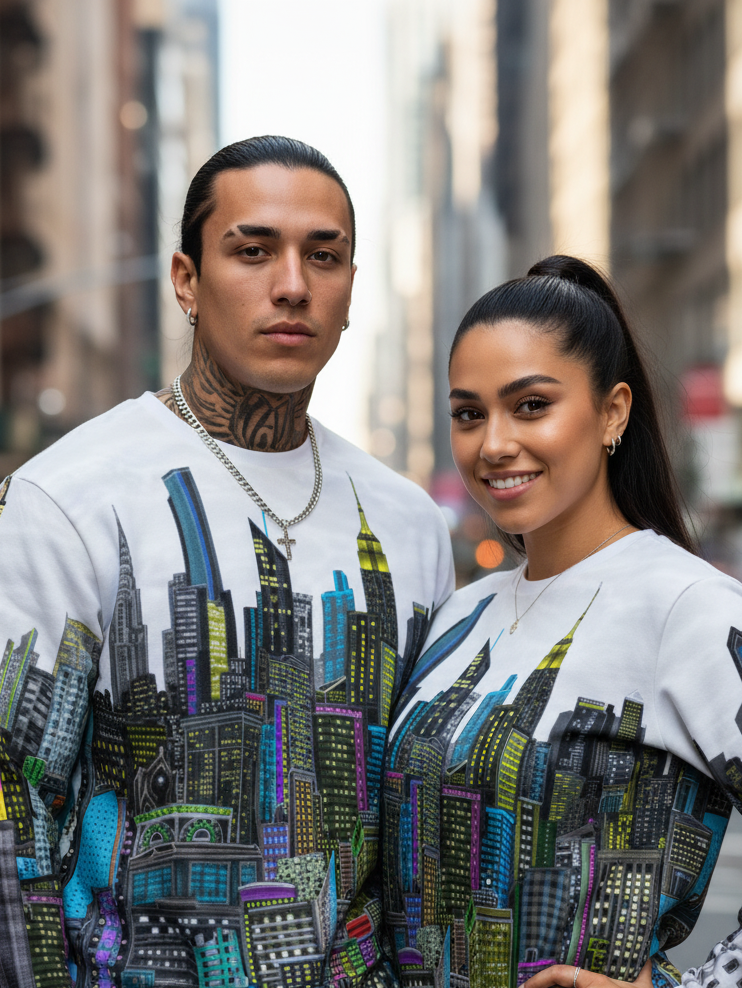 Two people wearing matching sweatshirts with a cityscape Loria NYC Art design on a city street.