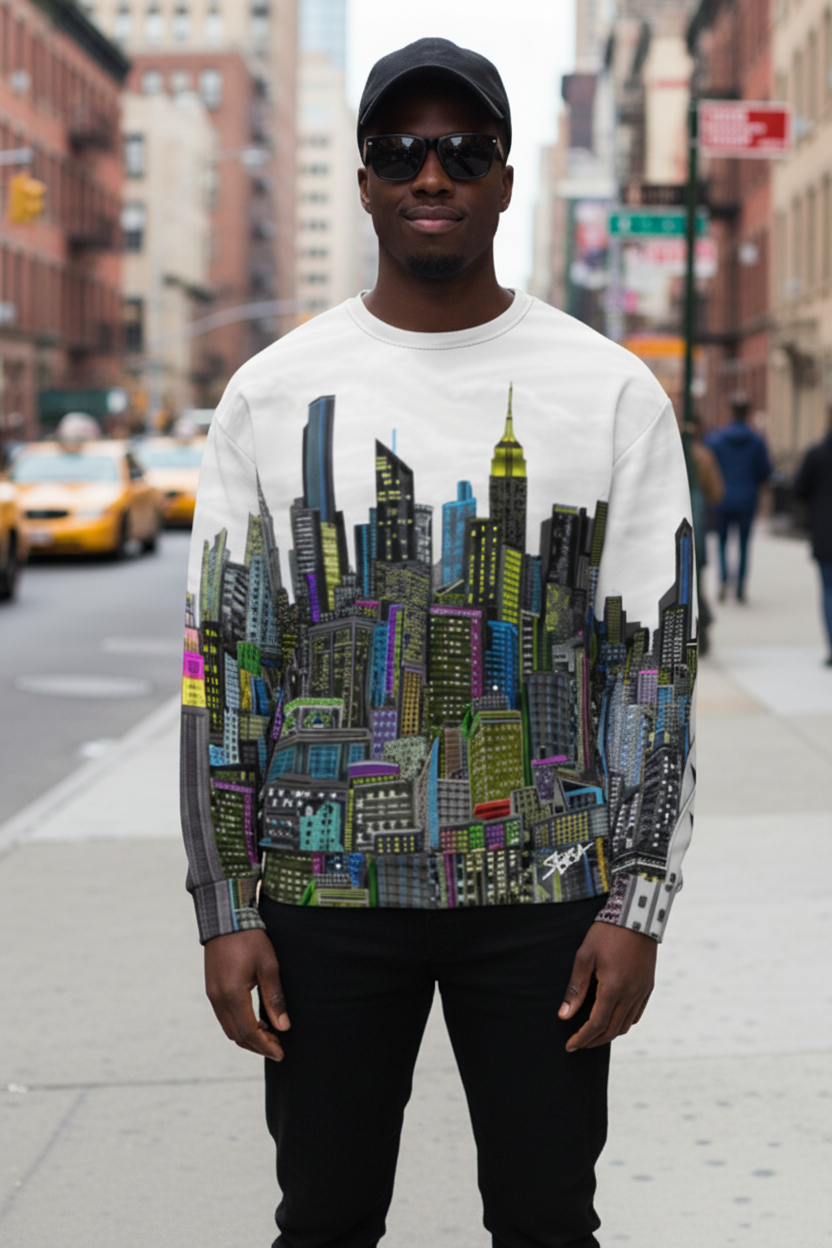 Man wearing a sweater with Loria NYC Art cityscape design on a city street