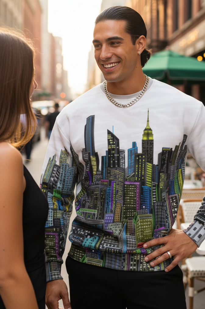 Man wearing a sweater with a Loria NYC Art cityscape design on a city street.