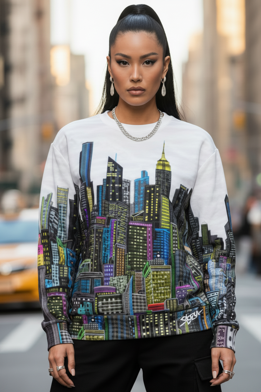 Person wearing a colorful Loria NYC Art cityscape sweatshirt on a city street.