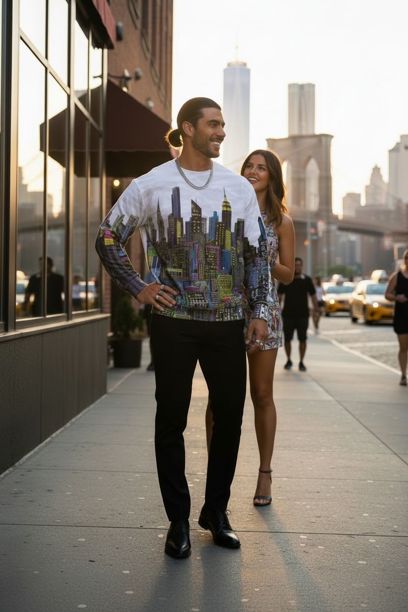 Man and woman walking on a city street wearing a cityscape Loria NYC Art shirt.