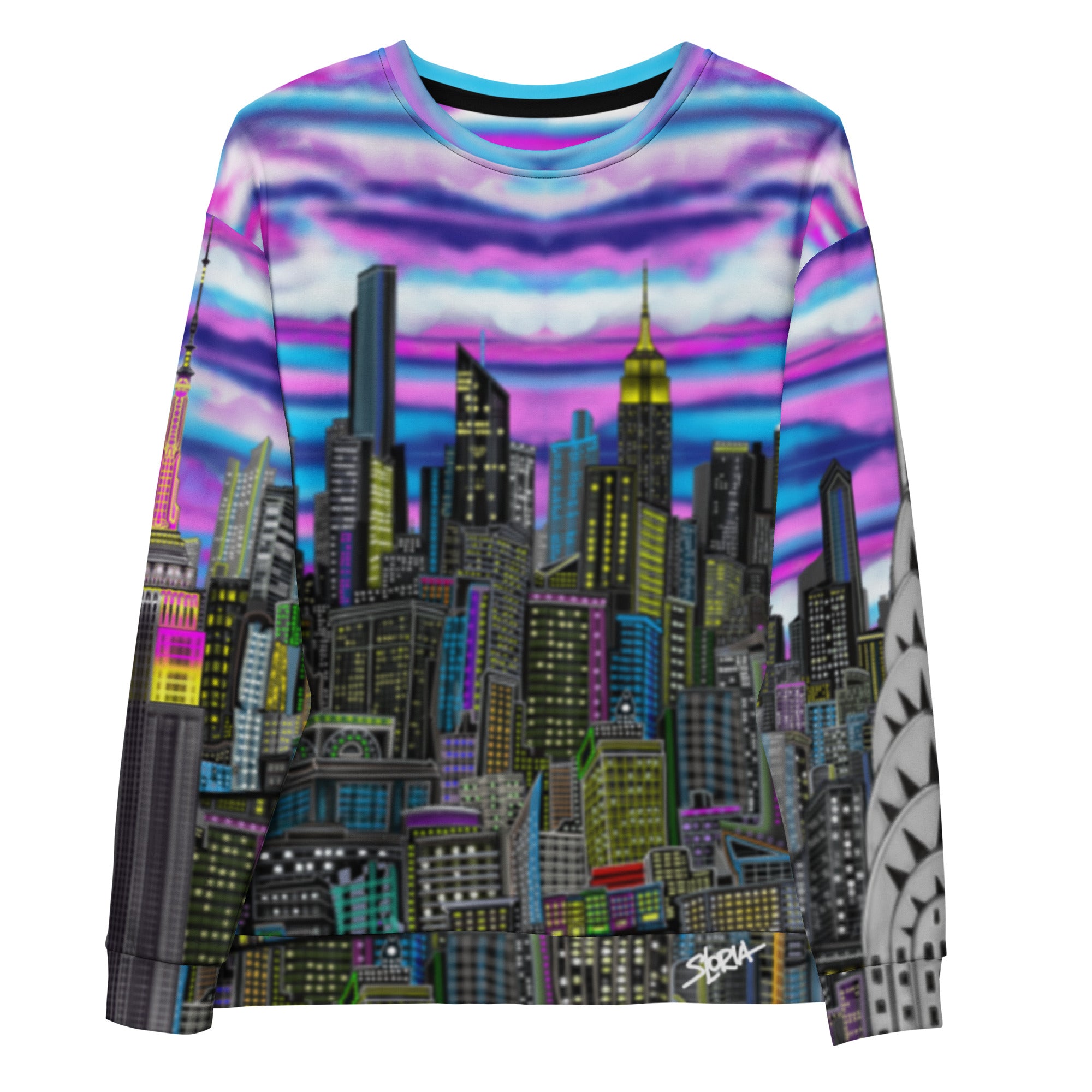 Colorful long-sleeve shirt with cityscape design by Loria NYC Art on a white background