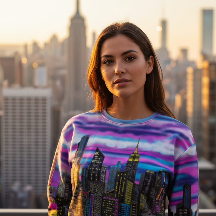 Woman wearing a colorful sweater with cityscape Loria NYC Art design against a city skyline at sunset.
