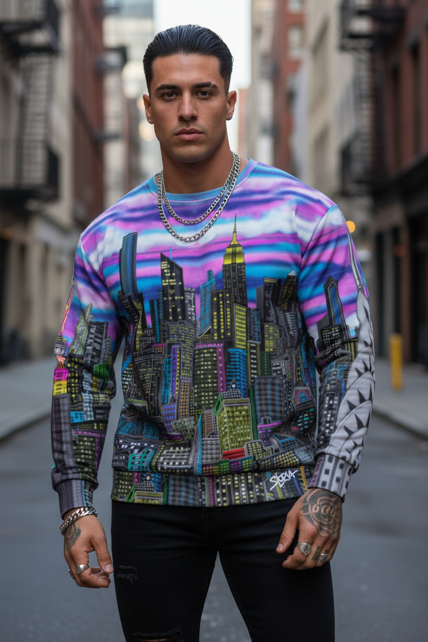 Man wearing a colorful Loria NYC Art cityscape sweatshirt on a street.