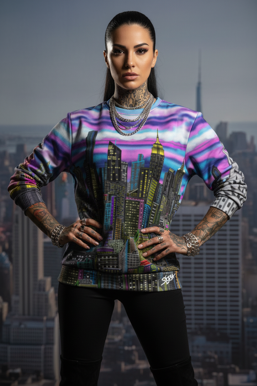 Person wearing a colorful cityscape Loria NYC Art sweatshirt with a blurred city skyline in the background