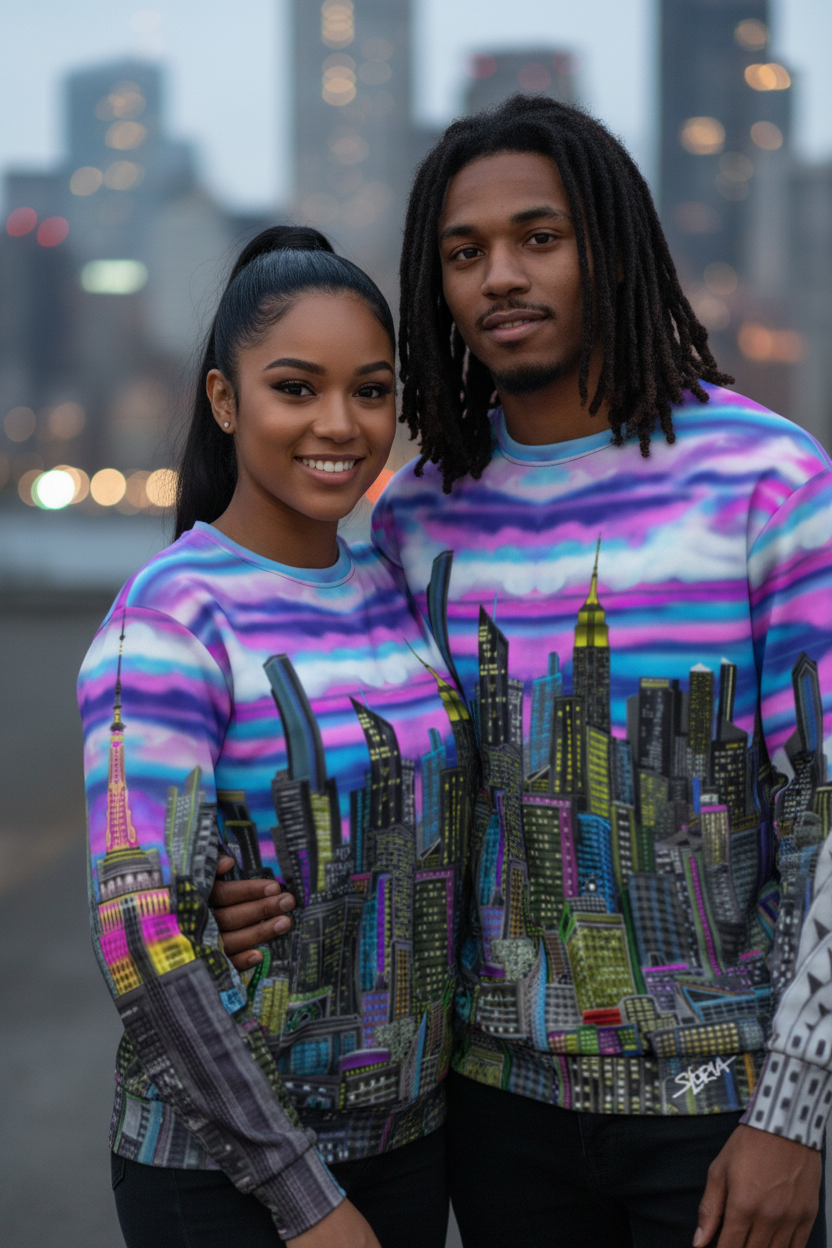Two people wearing matching colorful sweatshirts with cityscape Loria NYC Art design against a blurred cityscape background.