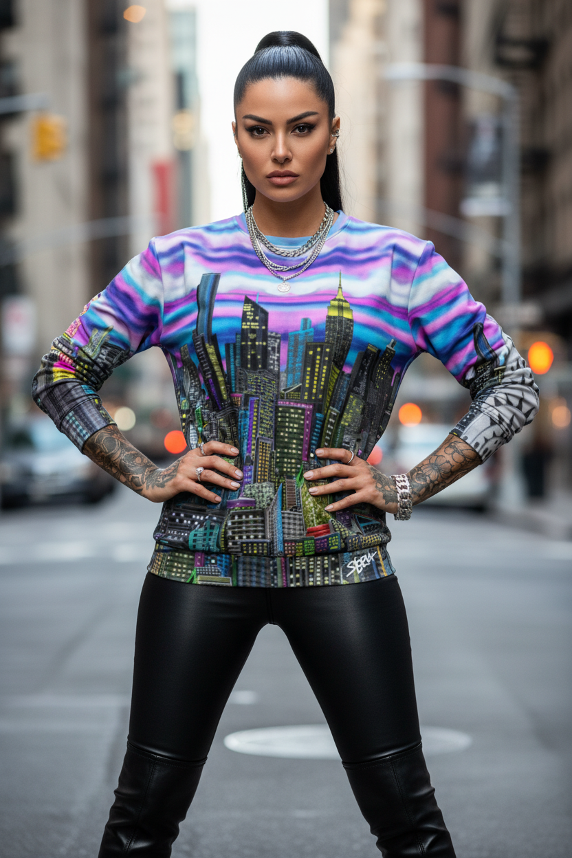 Woman wearing a colorful Loria NYC Art sweat shirt  with cityscape design on a city street.
