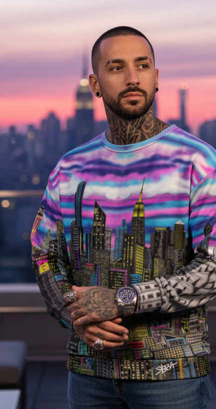 Man wearing a colorful sweat shirt design by Loria NYC Art with a cityscape design on a NYC sunset