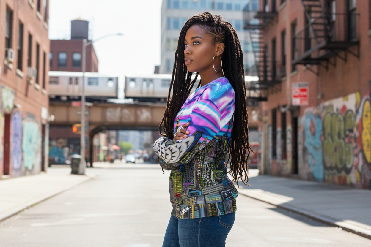 Woman in a colorful shirt design by Loria NYC Art standing on an urban street with graffiti.