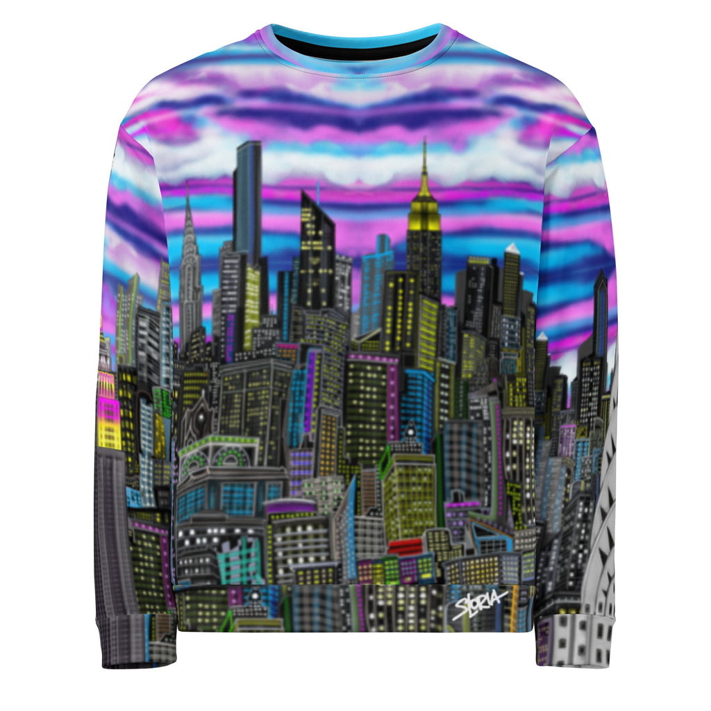 Colorful long-sleeve shirt with cityscape design by Loria NYC Art on a white background