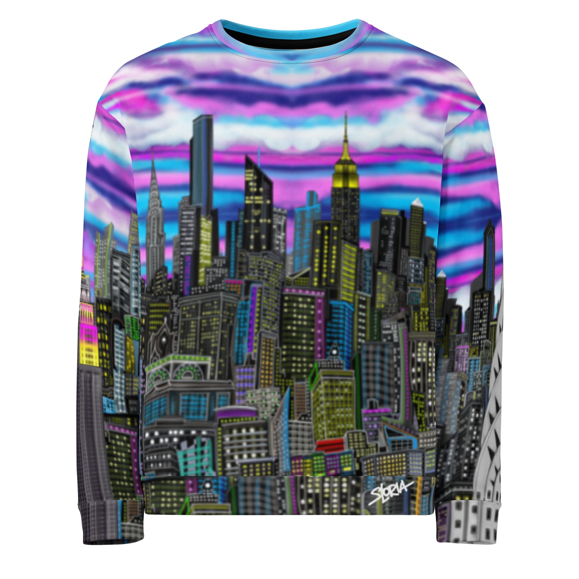 Colorful long-sleeve shirt with cityscape design by Loria NYC Art on a white background