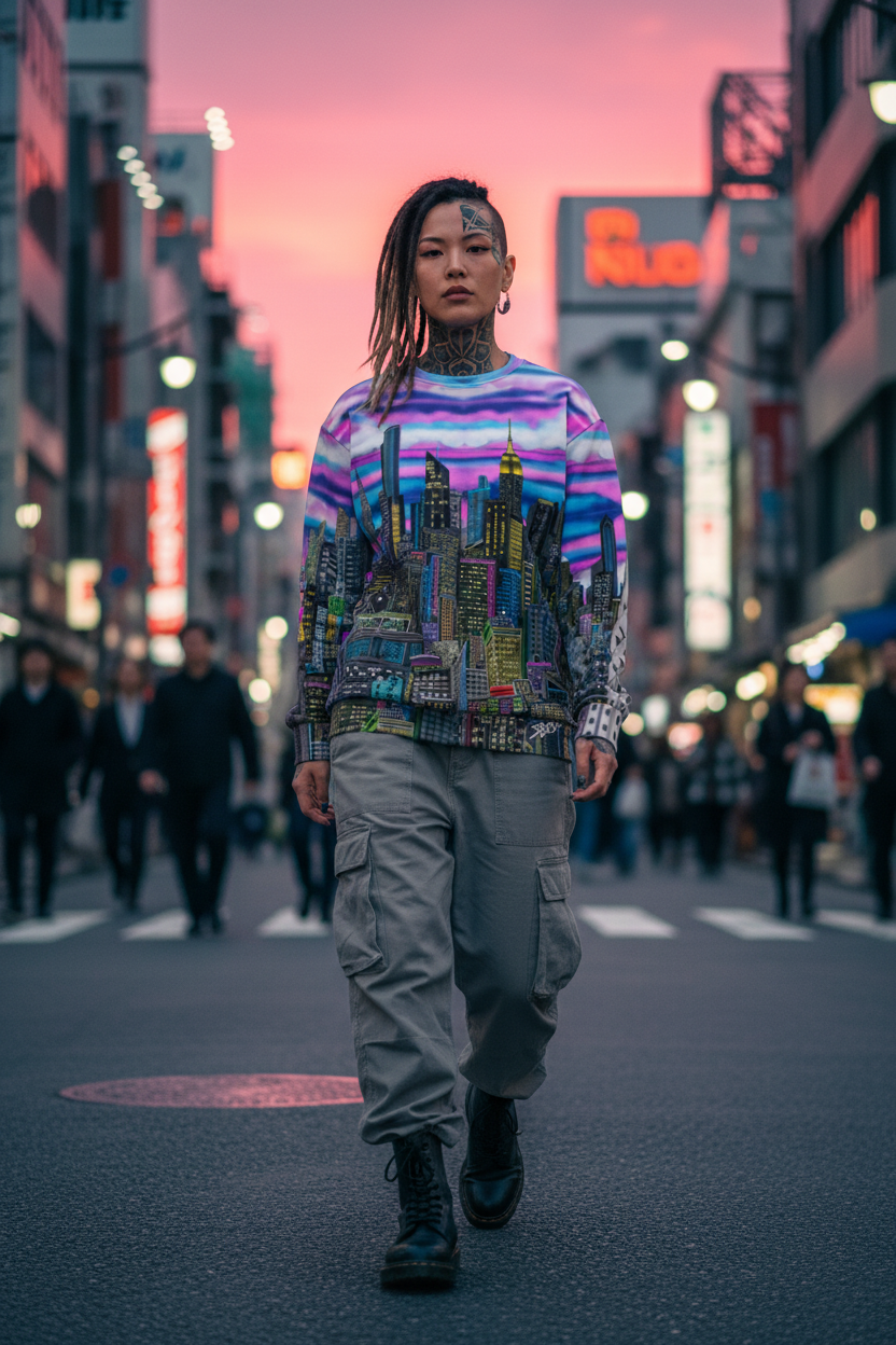 Person wearing a colorful sweater with a cityscape design by Loria NYC Art walking on a street at dusk.