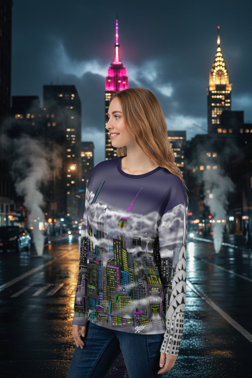 Girl wearing sweatshirt designed by Loria NYC Art with a cityscape design on a urban background