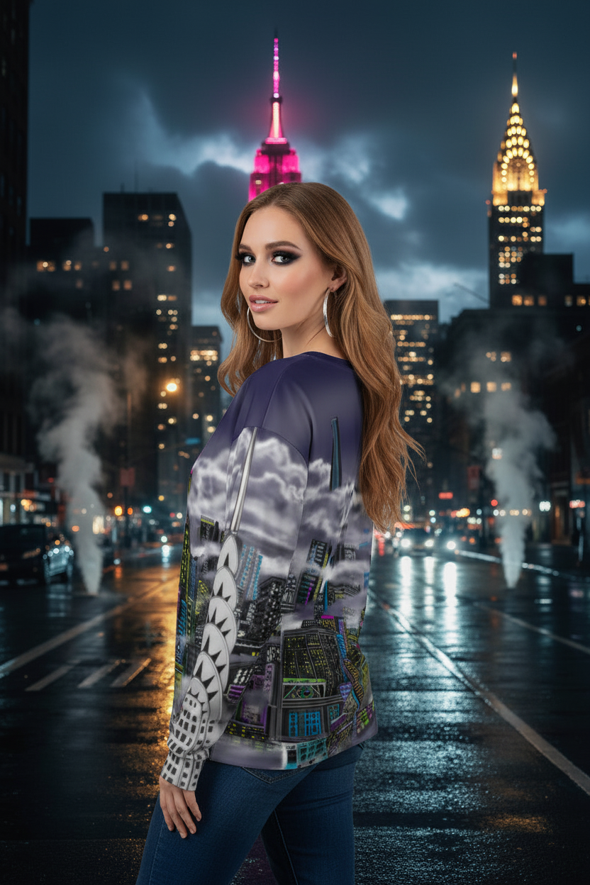 Female posing and wearing a Loria NYC Art sweatshirt with a cityscape design behind lit up buildings.