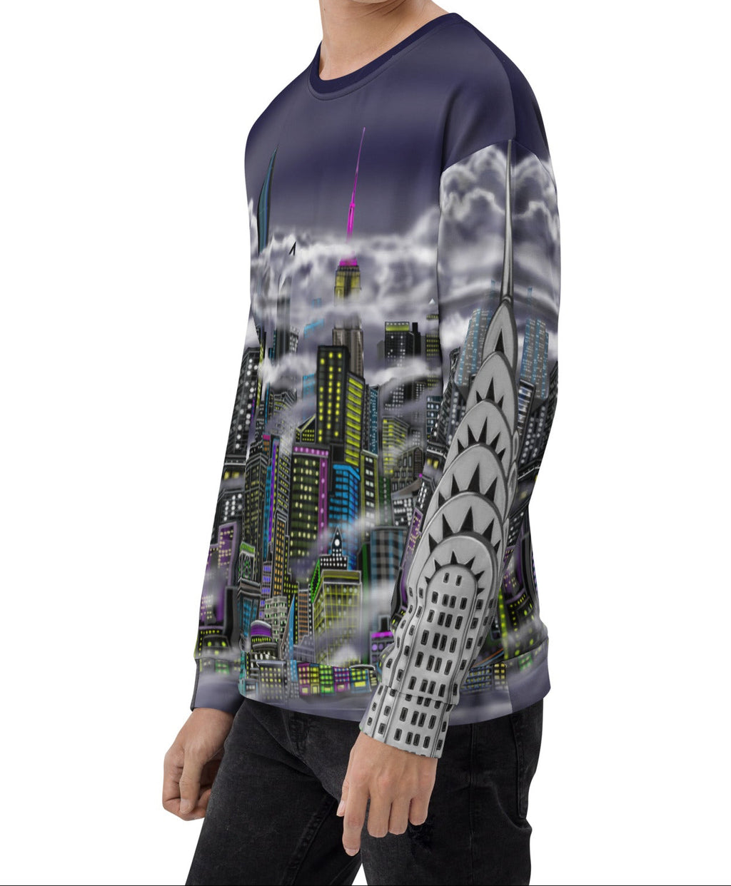 Person wearing a sweater designed by Loria NYC Art with a cityscape design on a blank background