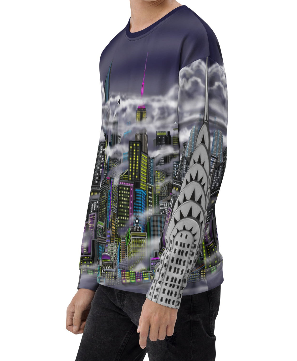 Person wearing a sweater designed by Loria NYC Art with a cityscape design on a blank background