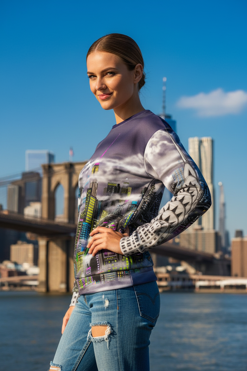 Person smiling wearing Loria NYC Art sweatshirt with a cityscape design in an urban setting behind a bridge.