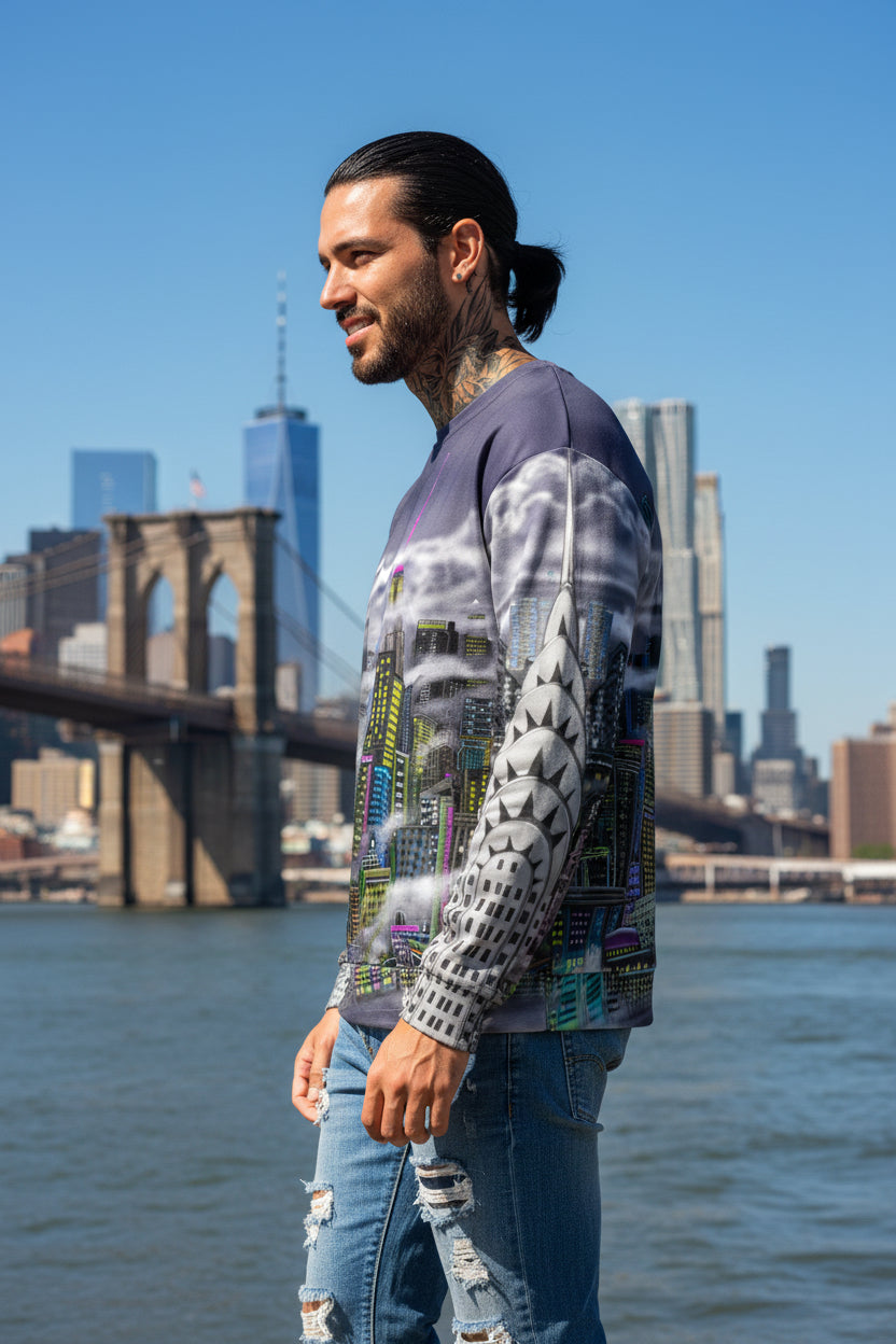 Man wearing a sweater with a cityscape Loria NYC Art design on a cityscape background