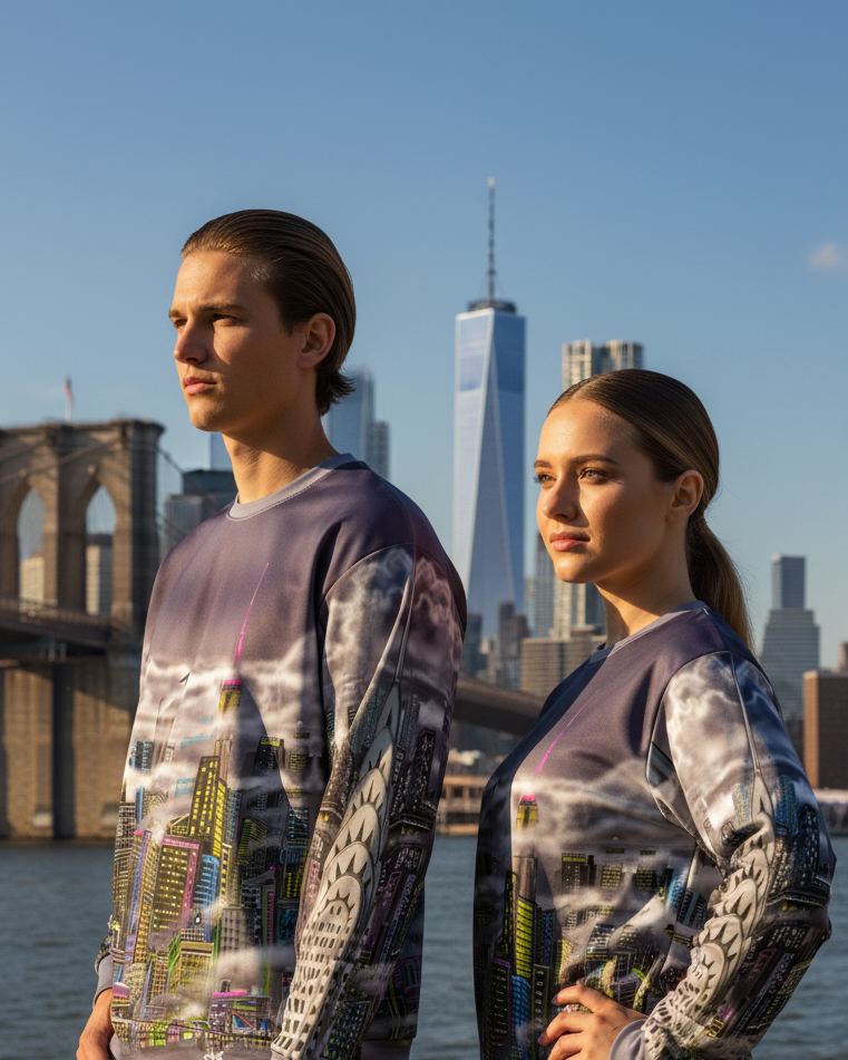 Two people posing in Loria NYC Art sweatshirts with a cityscape design in an urban setting behind a bridge.
