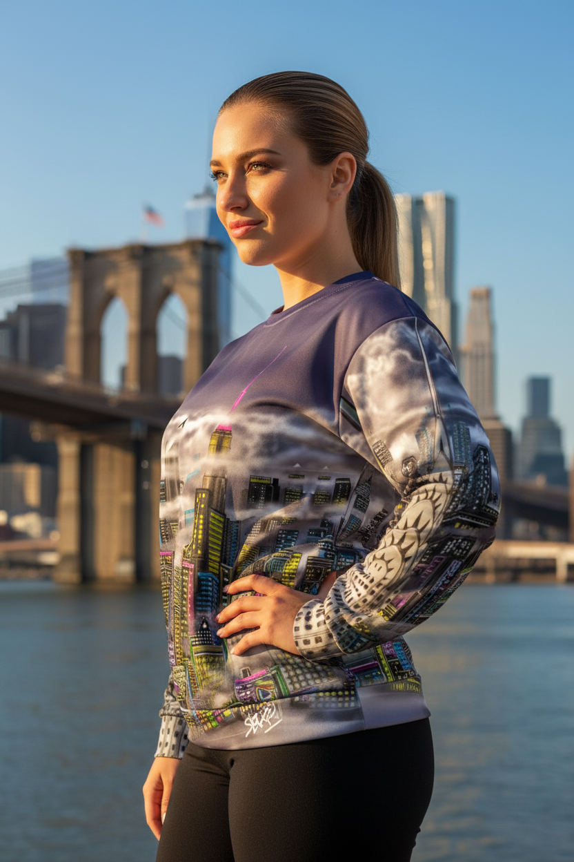 Female wearing Loria NYC Art sweatshirt with a cityscape design in an urban setting behind a bridge.