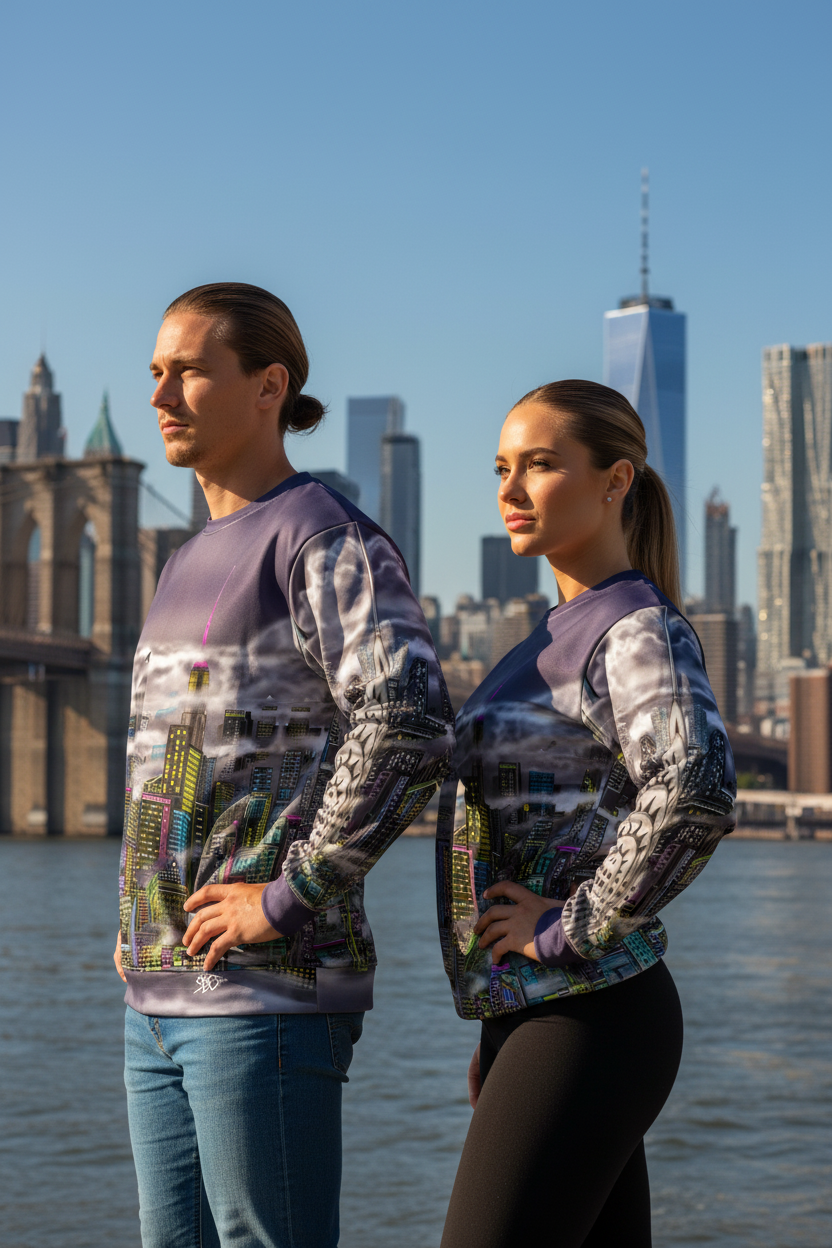 People wearing Loria NYC Art sweatshirt with a cityscape design in a setting behind a bridge.