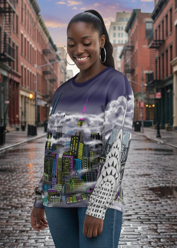 Person wearing a sweater designed by Loria NYC Art with a cityscape design on a urban background