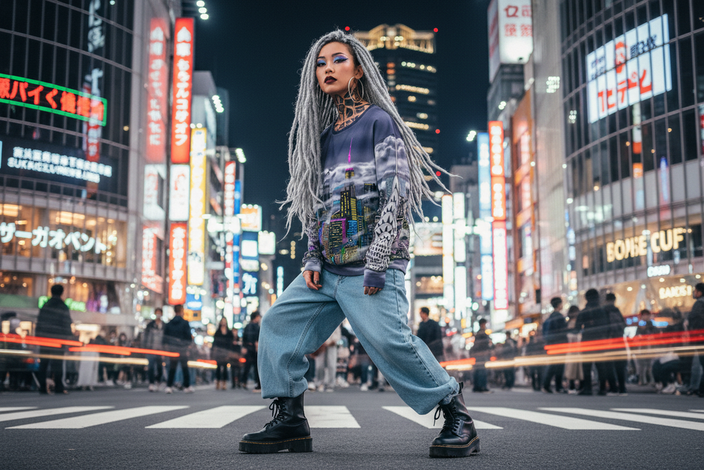 Person with long hair standing in a city street at night with illuminated signs wearing a Loria NYC Art sweatshirt.