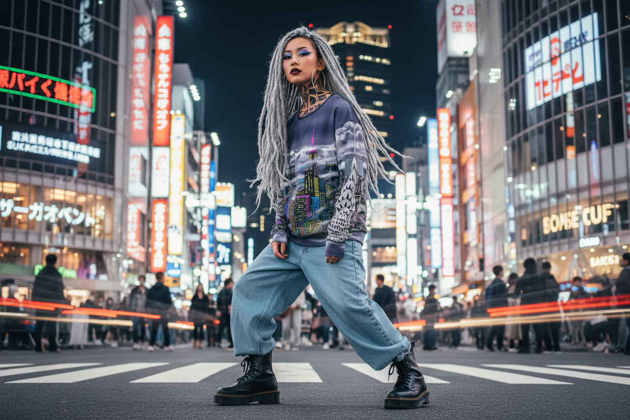 Person with long hair standing in a city street at night with illuminated signs wearing a Loria NYC Art sweatshirt.