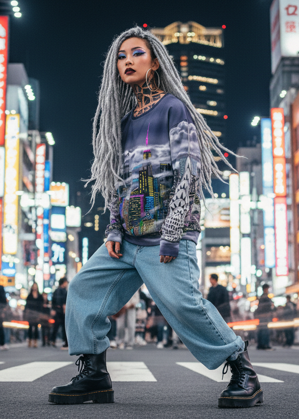 Female posing in a lit up urban area wearing Loria NYC Art sweatshirt with a cityscape design.