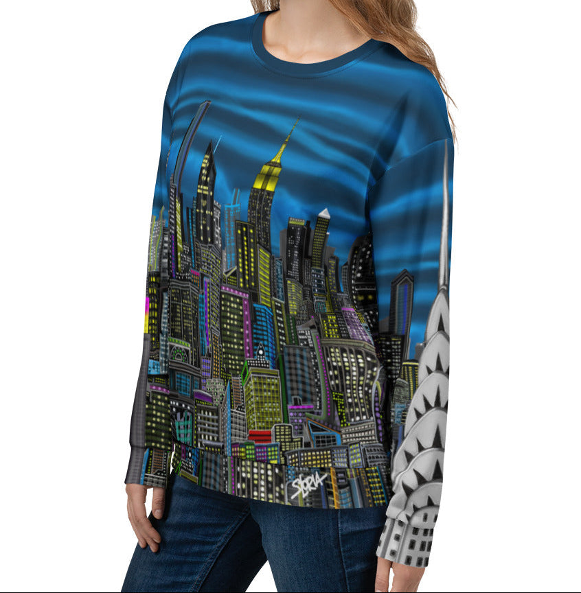 Person wearing Back of Colorful cityscape sweatshirt designed by Loria NYC Art on a white background