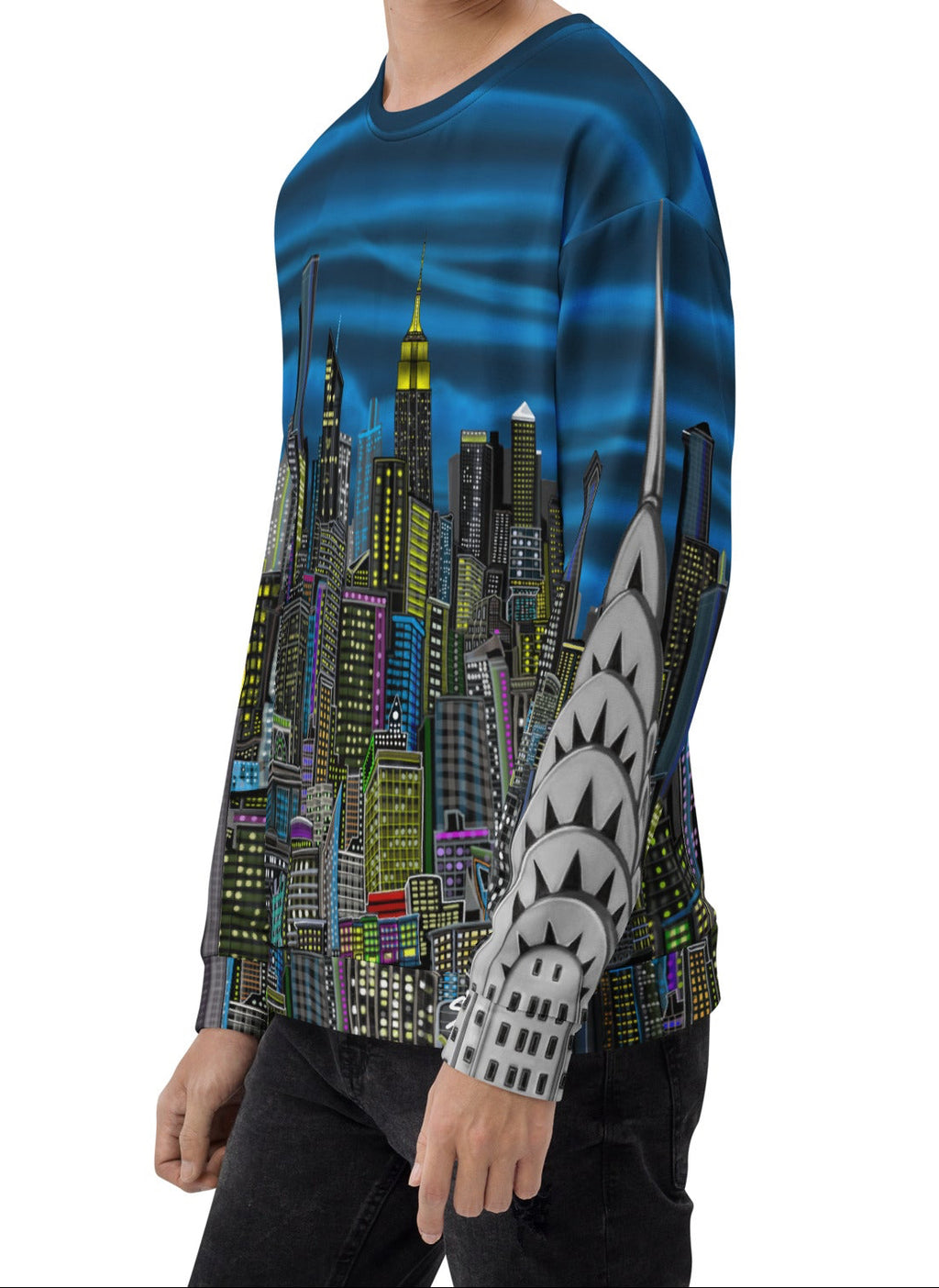 Man wearing a colorful cityscape sweatshirt designed by Loria NYC Art On a white backround