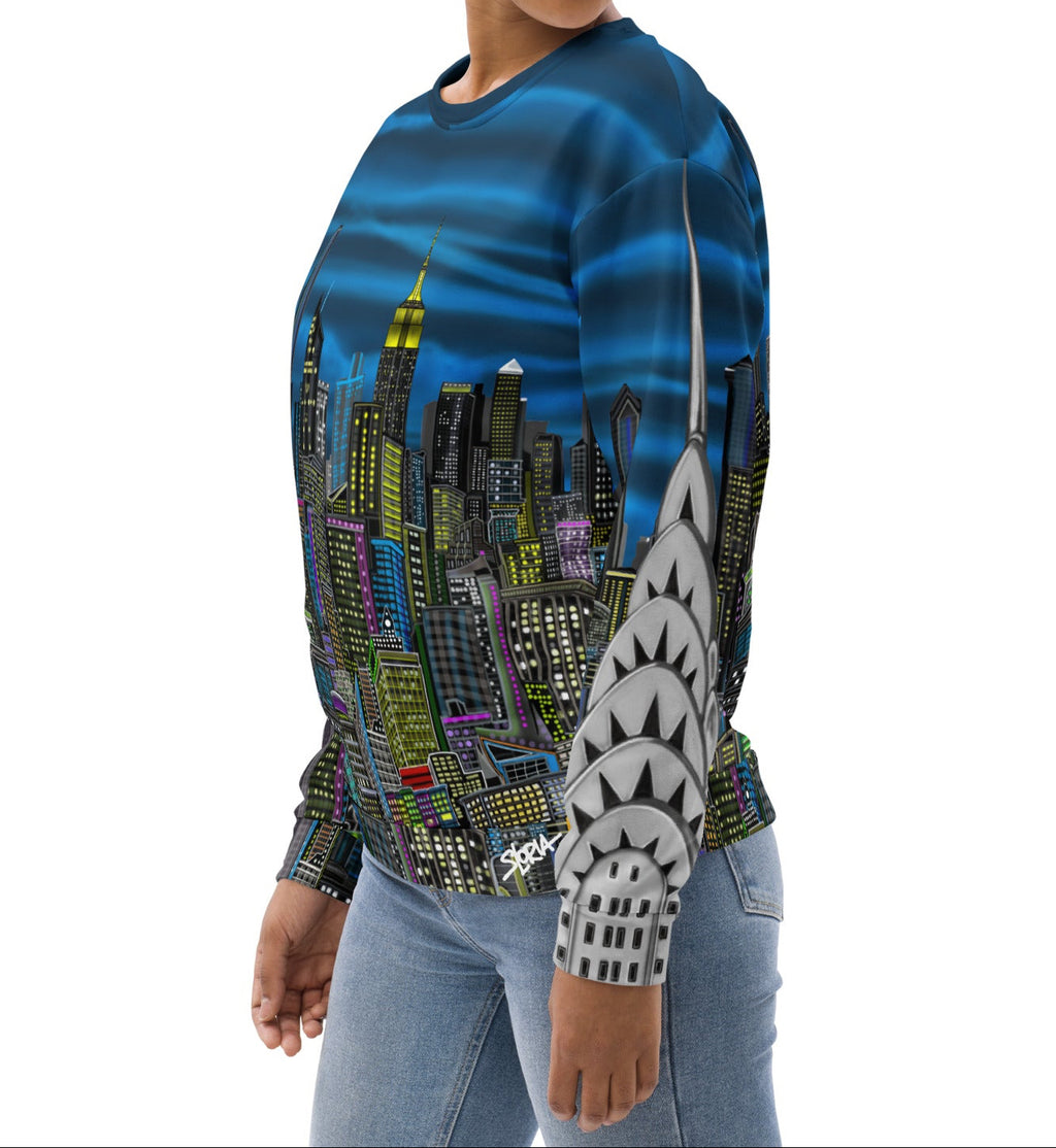 Back of Colorful cityscape sweatshirt designed by Loria NYC Art on a white backround