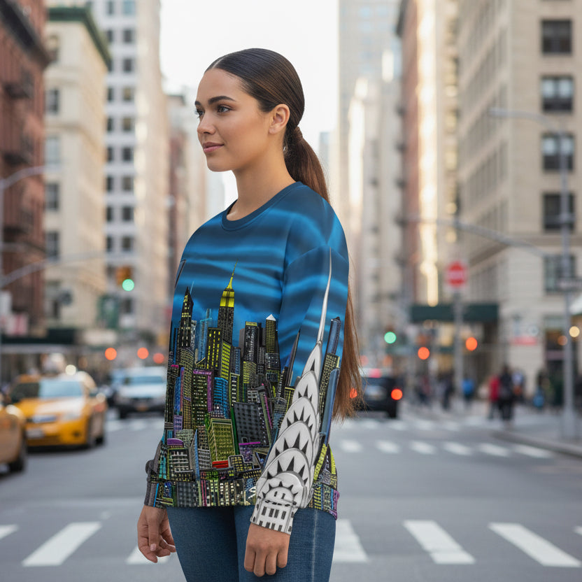Person wearing Back of Colorful cityscape sweatshirt designed by Loria NYC Art on a white background