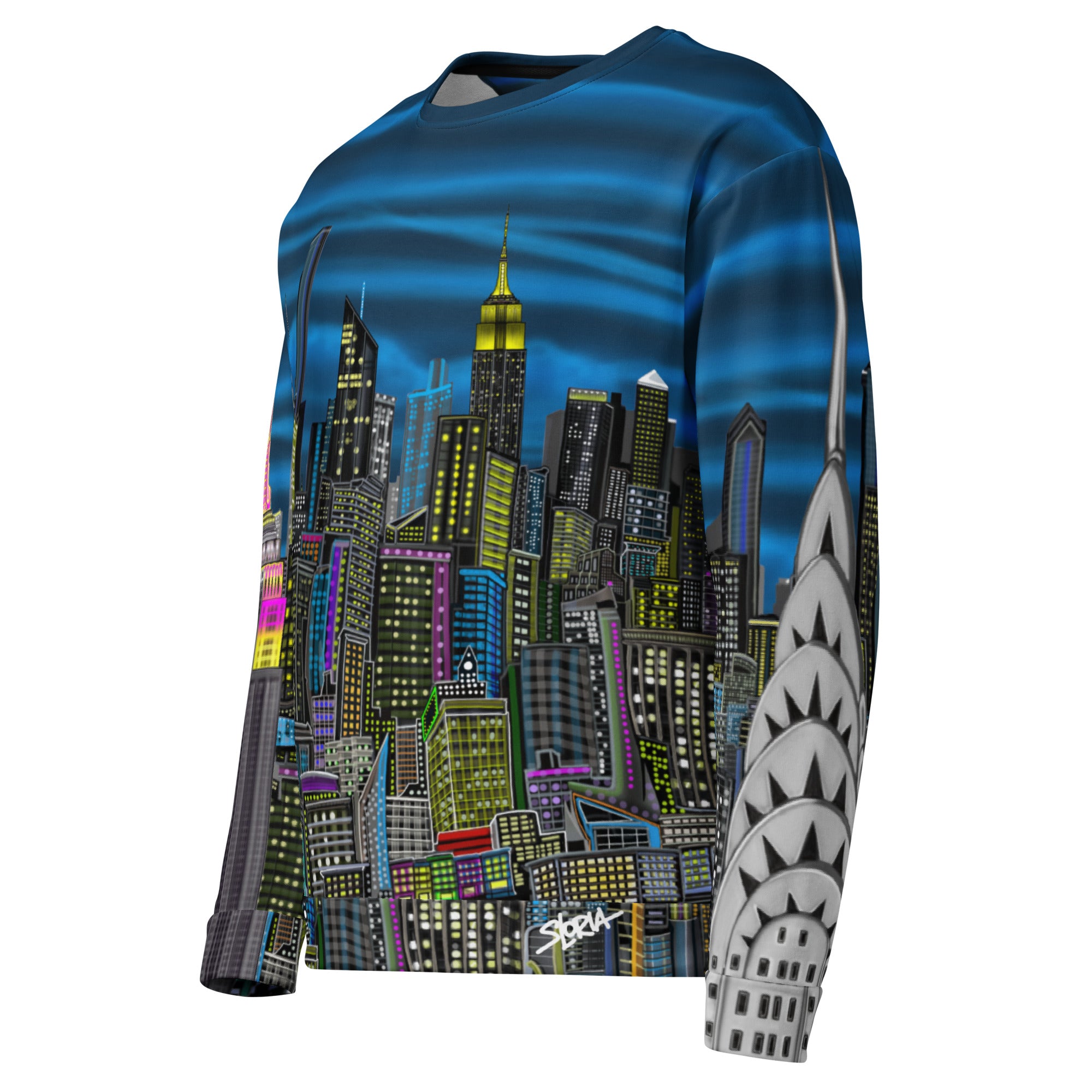 Colorful cityscape sweatshirt designed by Loria NYC Art on a white backround