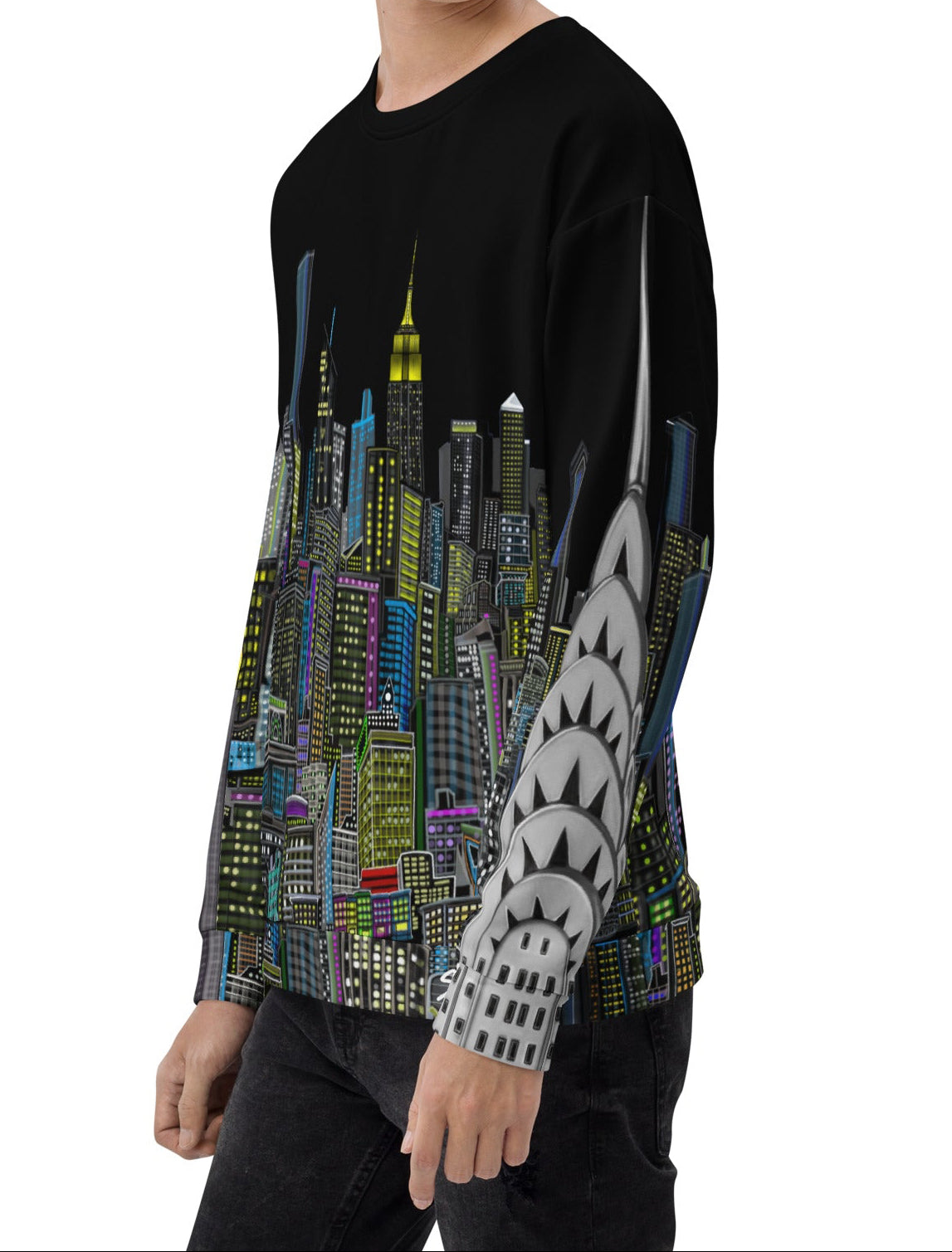 Side of a Person wearing a black sweatshirt with a colorful cityscape design by Loria NYC Art on a white background