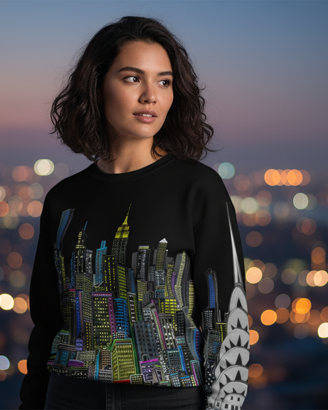 Woman wearing a black sweatshirt with colorful Loria NYC Art designs against a cityscape at night.