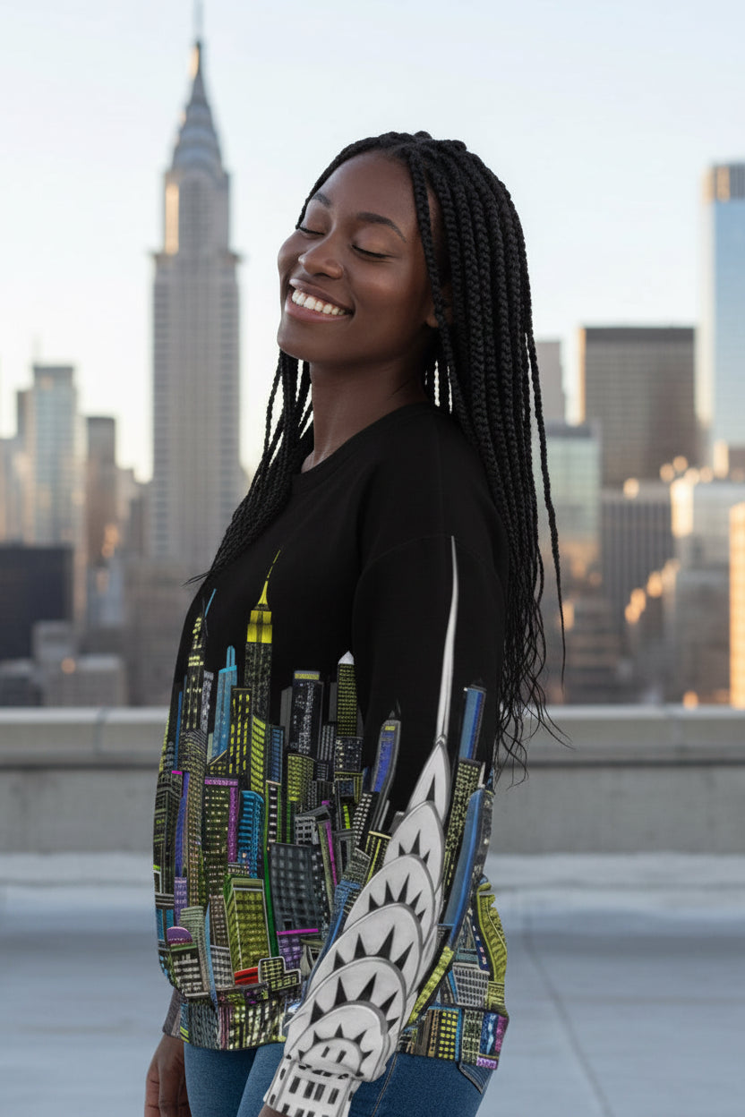Girl wearing a black sweatshirt with a colorful cityscape design by Loria NYC Art on a rooftop with skyline 