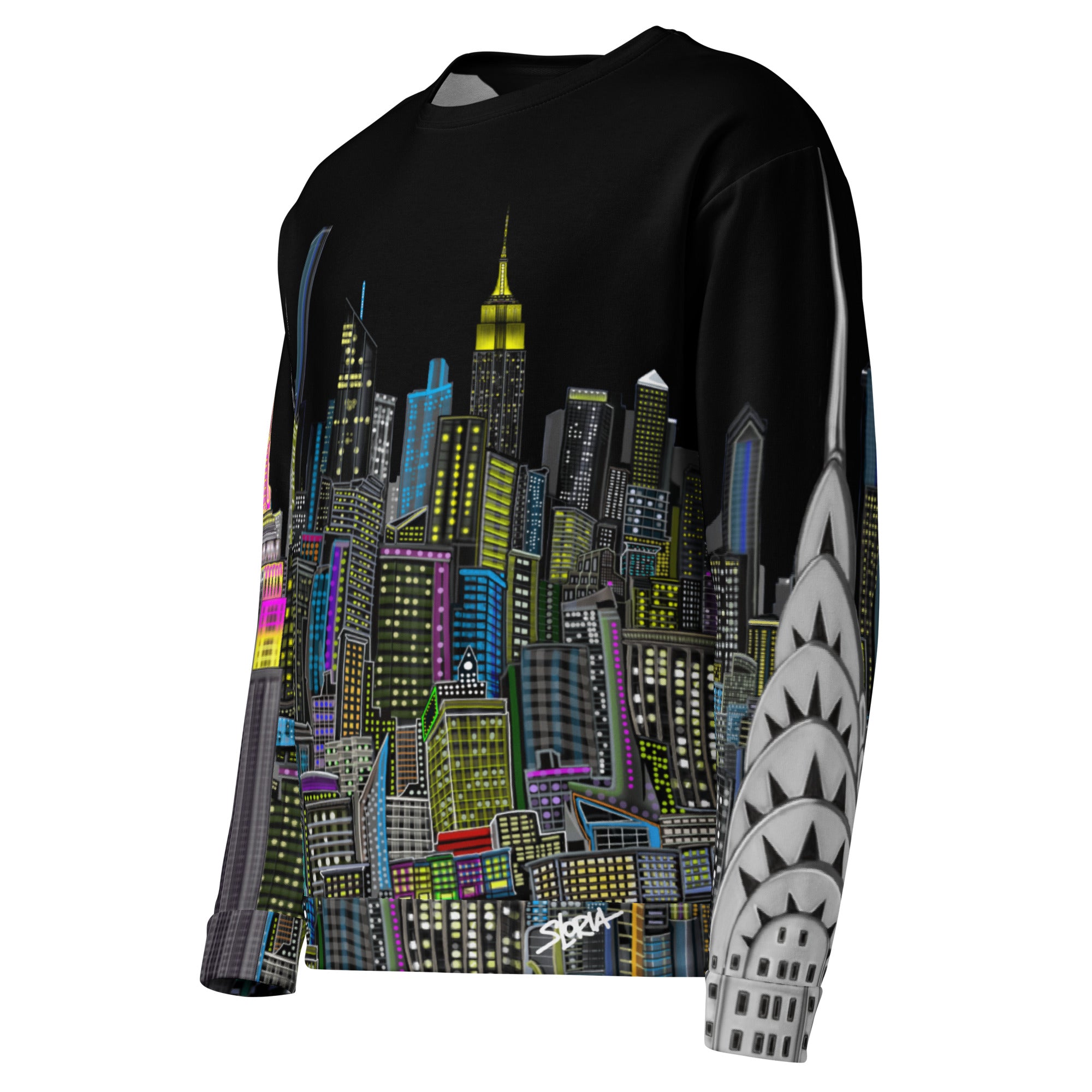 Front side view of Black sweatshirt with colorful cityscape design by Loria NYC Art on a white background