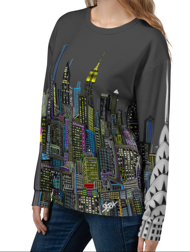 Female showing front side view  of Sweatshirt with a charcoal grey sky colorful cityscape design by Loria NYC Art on a white background