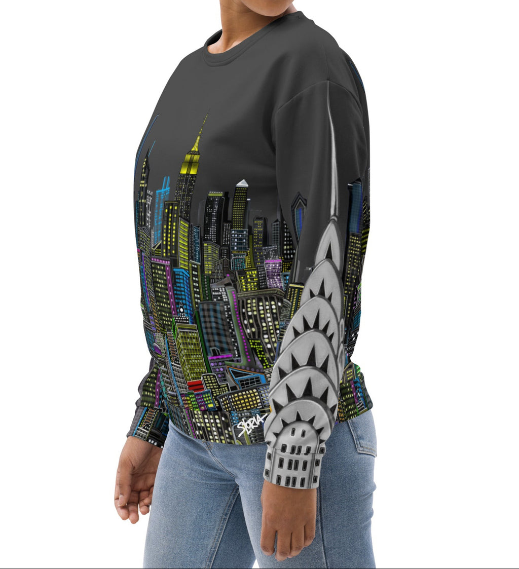 Girl showing side view of Sweatshirt with a charcoal grey sky colorful cityscape design by Loria NYC Art on a white background