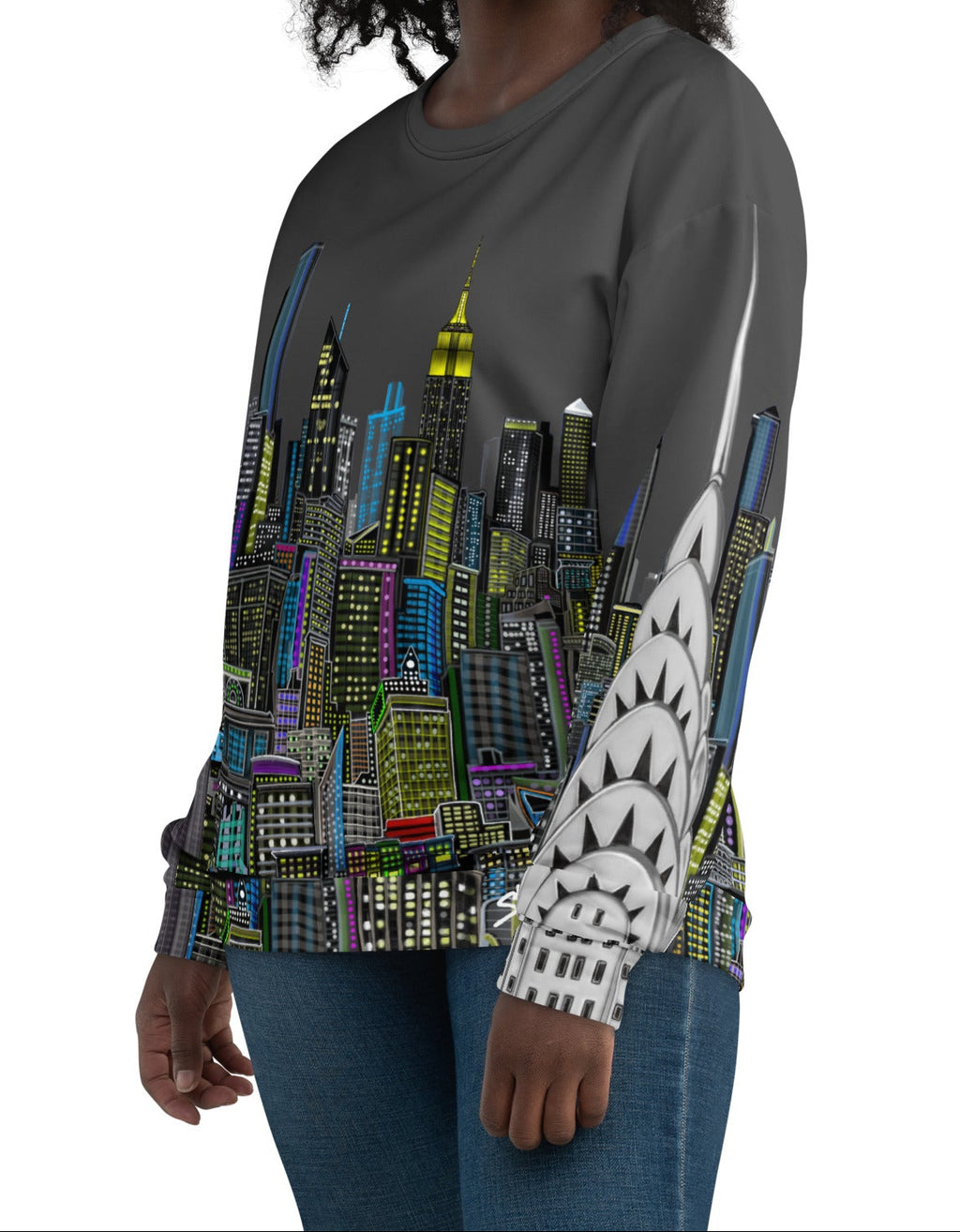 Side  of lady wearing Sweatshirt with a charcoal grey sky colorful cityscape design by Loria NYC Art on a white background