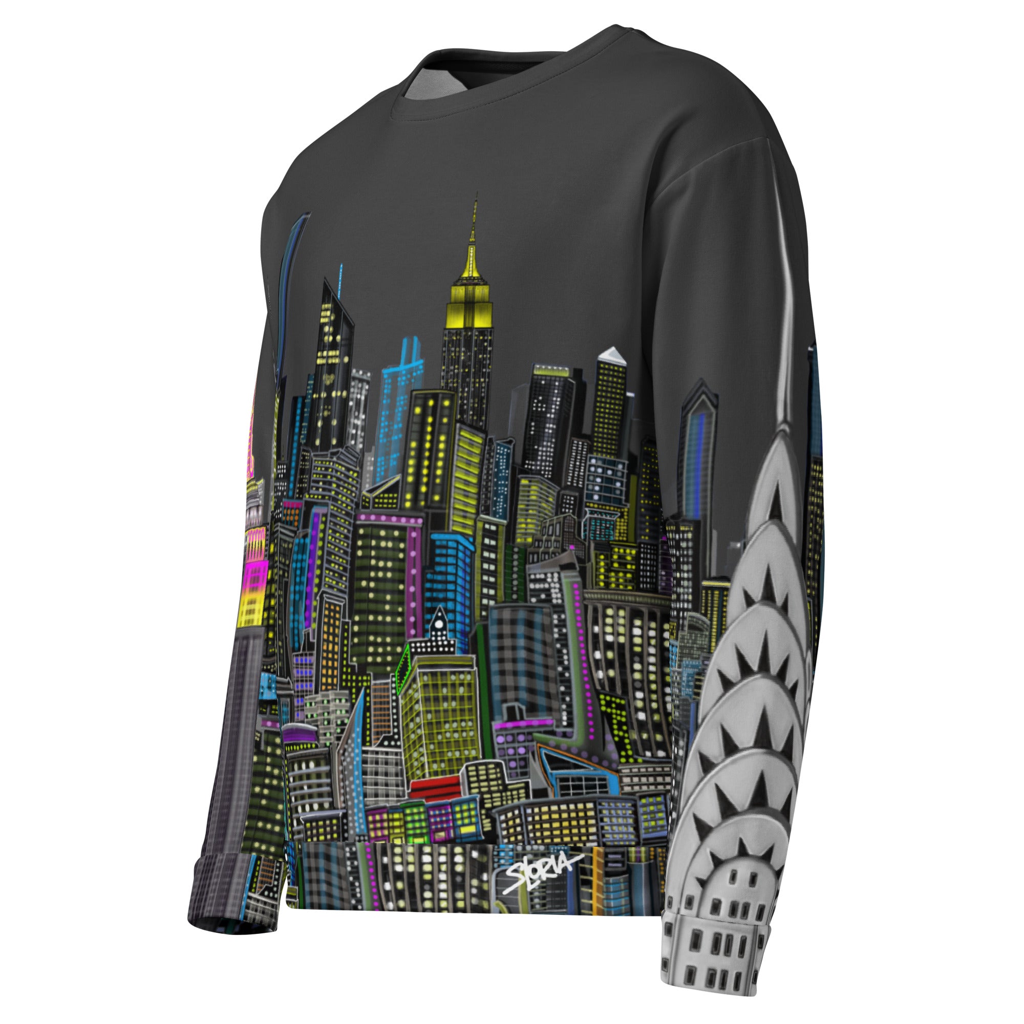 Side of Sweatshirt with a charcoal grey sky colorful NY cityscape design by Loria NYC Art on a  white background