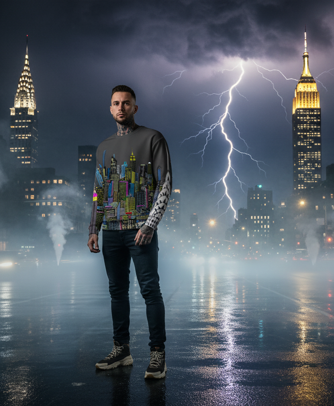 Man wearing a Loria NYC Art sweatshirt with lightning strikes and skyscrapers in the background